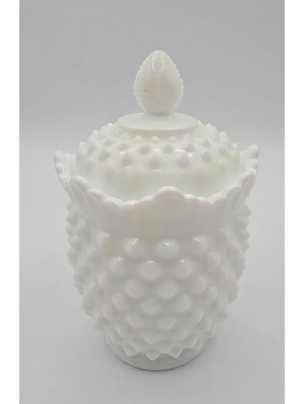 Vintage Fenton White Milk Glass Hobnail Lidded Jar with Finial MCM